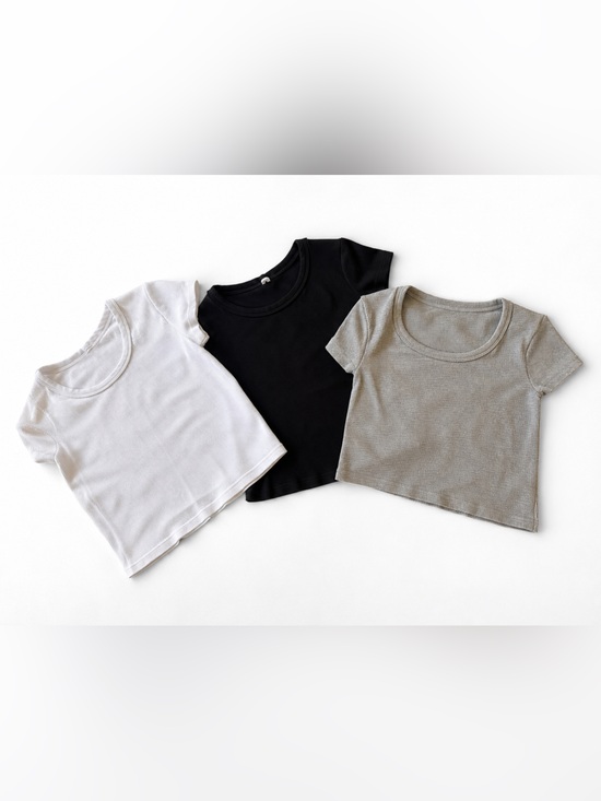 90 Degree By Reflex Tops - 3-Piece Ribbed Knit Top Bundle | Gray, White & Black | Square & Crew Neck Basics